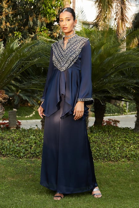 Buy_Bohame_Blue Satin, Chiffon Cut Work, Zahrah Embellished Peplum Top With Flared Pant _Online_at_Aza_Fashions