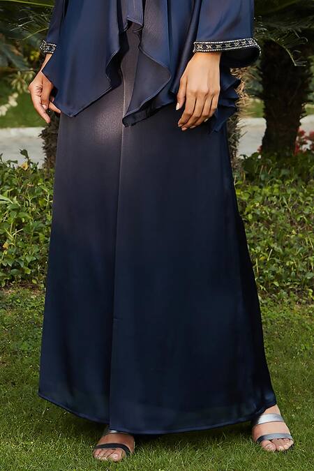 Bohame_Blue Satin, Chiffon Cut Work, Zahrah Embellished Peplum Top With Flared Pant _at_Aza_Fashions