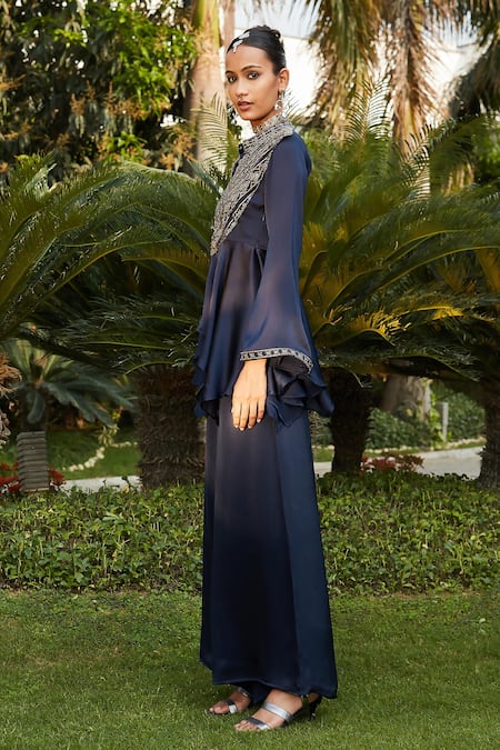 Shop_Bohame_Blue Satin, Chiffon Cut Work, Zahrah Embellished Peplum Top With Flared Pant _Online_at_Aza_Fashions