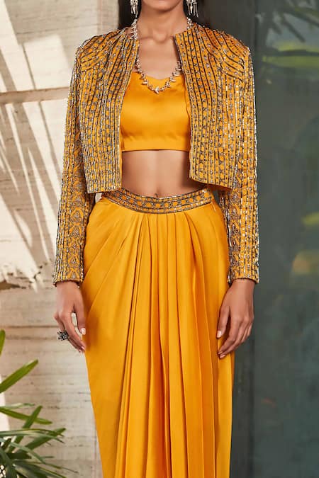 Bohame_Yellow Satin, Chiffon Cut Aminah Embellished Cutdana Jacket Pleated Skirt Set _at_Aza_Fashions