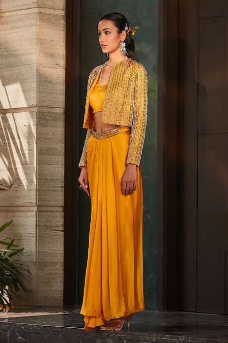 Shop_Bohame_Yellow Satin, Chiffon Cut Aminah Embellished Cutdana Jacket Pleated Skirt Set _Online_at_Aza_Fashions