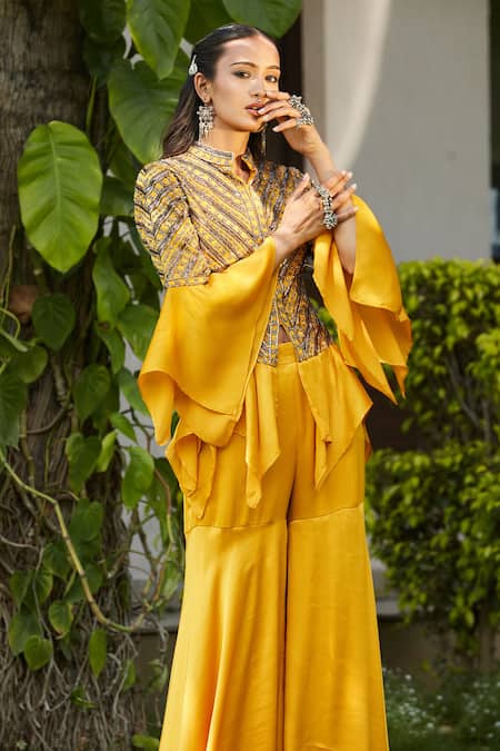 Bohame_Yellow Satin, Chiffon Cut Daniyah Embellished Jacket Peplum Top With Sharara _Online_at_Aza_Fashions