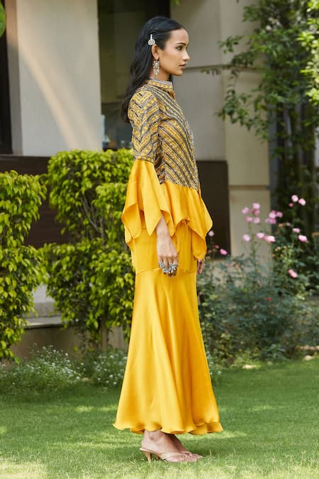 Shop_Bohame_Yellow Satin, Chiffon Cut Daniyah Embellished Jacket Peplum Top With Sharara _Online_at_Aza_Fashions