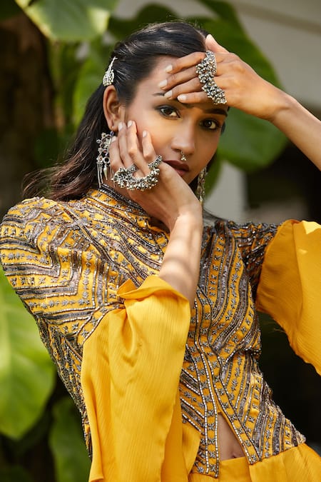 Bohame_Yellow Satin, Chiffon Cut Daniyah Embellished Jacket Peplum Top With Sharara _at_Aza_Fashions