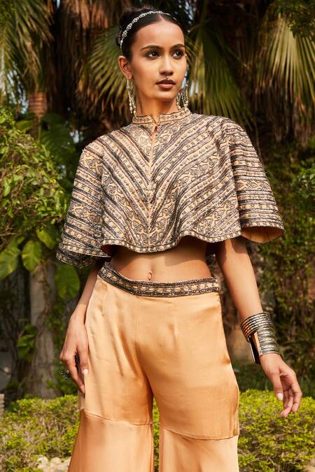 Bohame Pink Satin, Chiffon Sequins Mandarin Collar Farah Embellished Cape Sharara Set Online at Aza Fashions Bohame_Pink Satin, Chiffon Sequins Mandarin Collar Farah Embellished Cape Sharara Set _Online_at_Aza_Fashions