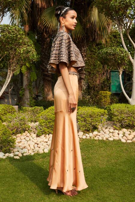 Shop Bohame Pink Satin, Chiffon Sequins Mandarin Collar Farah Embellished Cape Sharara Set Online at Aza Fashions Shop_Bohame_Pink Satin, Chiffon Sequins Mandarin Collar Farah Embellished Cape Sharara Set _Online_at_Aza_Fashions