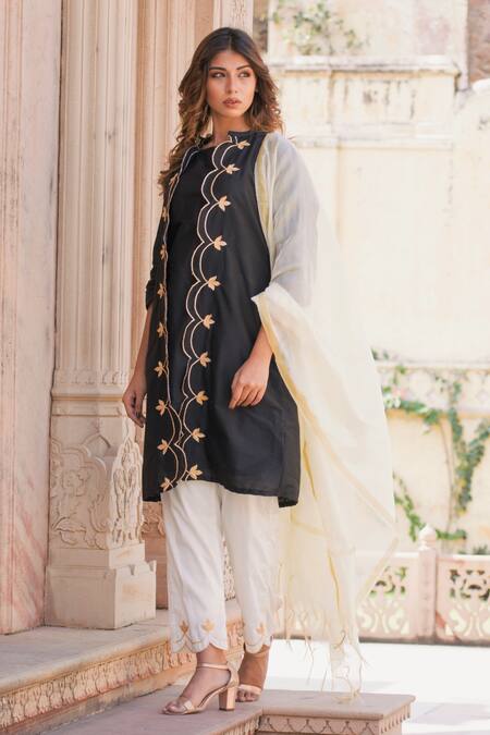The Home Affair_Black Cotton, Silk Gota Patti Bandeau Neck, Scalloped Hem Jacket With Kurta Set _Online_at_Aza_Fashions