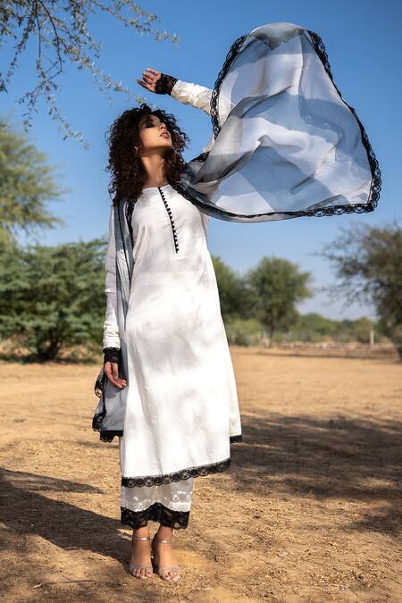 Shop The Home Affair Off White Cotton, Silk, Chiffon Lace, Chantelle Embellished Kurta Set Online at Aza Fashions Shop_The Home Affair_Off White Cotton, Silk, Chiffon Lace, Chantelle Embellished Kurta Set _Online_at_Aza_Fashions