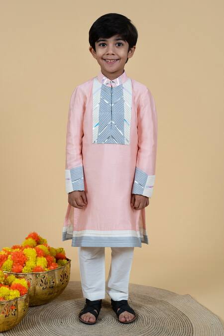 Little Boys Closet Peach Cotton Embroidery Pintucked Color Block Kurta Set Online at Aza Fashions Little Boys Closet_Peach Cotton Embroidery Pintucked Color Block Kurta Set _Online_at_Aza_Fashions
