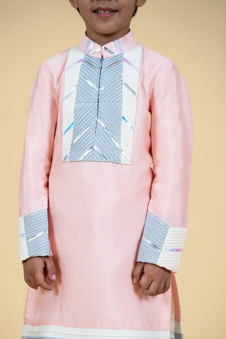 Shop Little Boys Closet Peach Cotton Embroidery Pintucked Color Block Kurta Set Online at Aza Fashions Shop_Little Boys Closet_Peach Cotton Embroidery Pintucked Color Block Kurta Set _Online_at_Aza_Fashions