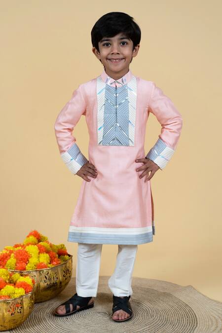 Little Boys Closet Peach Cotton Embroidery Pintucked Color Block Kurta Set at Aza Fashions Little Boys Closet_Peach Cotton Embroidery Pintucked Color Block Kurta Set _at_Aza_Fashions