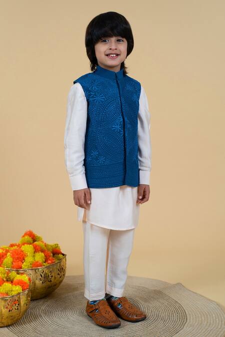 Shop Little Boys Closet Pink Crepe, Cotton, Silk Embroidery Bundi Kurta Set Online at Aza Fashions Shop_Little Boys Closet_Pink Crepe, Cotton, Silk Embroidery Bundi Kurta Set _Online_at_Aza_Fashions