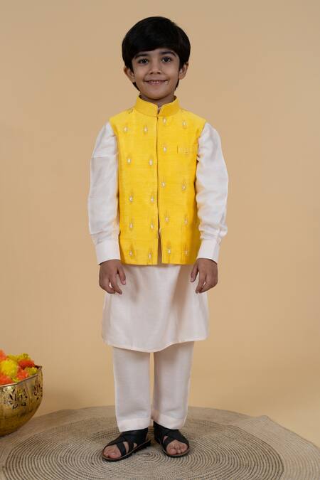 Little Boys Closet Yellow Silk, Polyester, Cotton Embroidery Bundi Kurta Set Online at Aza Fashions Little Boys Closet_Yellow Silk, Polyester, Cotton Embroidery Bundi Kurta Set _Online_at_Aza_Fashions