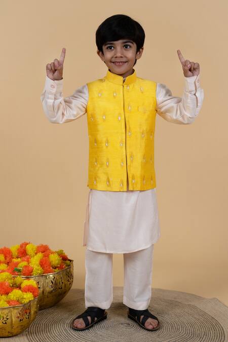 Buy Little Boys Closet Yellow Silk, Polyester, Cotton Embroidery Bundi Kurta Set Online at Aza Fashions Buy_Little Boys Closet_Yellow Silk, Polyester, Cotton Embroidery Bundi Kurta Set _Online_at_Aza_Fashions