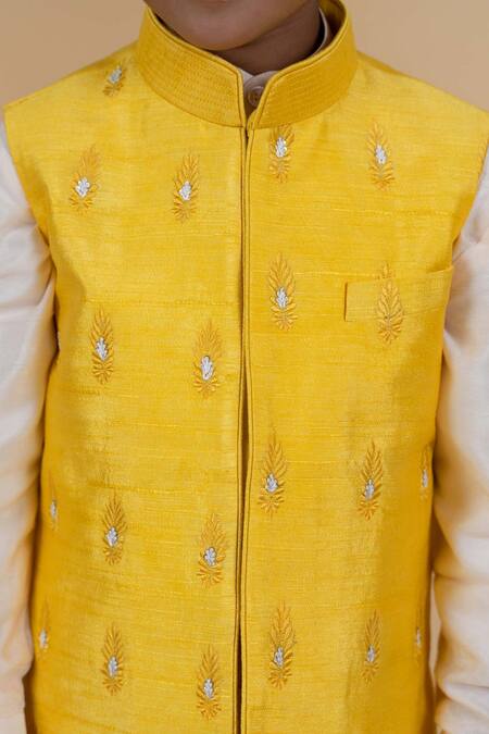 Little Boys Closet Yellow Silk, Polyester, Cotton Embroidery Bundi Kurta Set at Aza Fashions Little Boys Closet_Yellow Silk, Polyester, Cotton Embroidery Bundi Kurta Set _at_Aza_Fashions