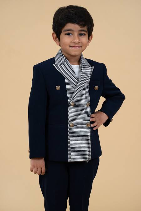 Little Boys Closet_Blue Polyester, Cotton Houndstooth Pattern Panelled Blazer Set _Online_at_Aza_Fashions