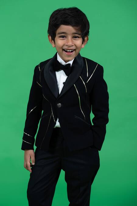LITTLE BOYS CLOSET_White Sandwash Suiting Quilted And Embellished Checkered Pattern & Tuxedo Pant Set _Online_at_Aza_Fashions