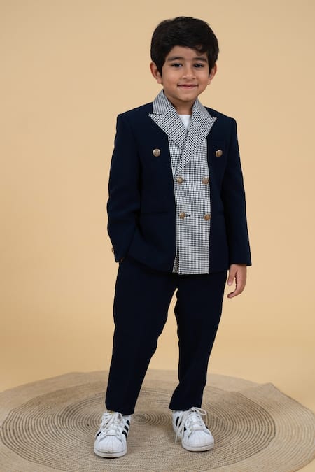 Buy_Little Boys Closet_Blue Polyester, Cotton Houndstooth Pattern Panelled Blazer Set _Online_at_Aza_Fashions