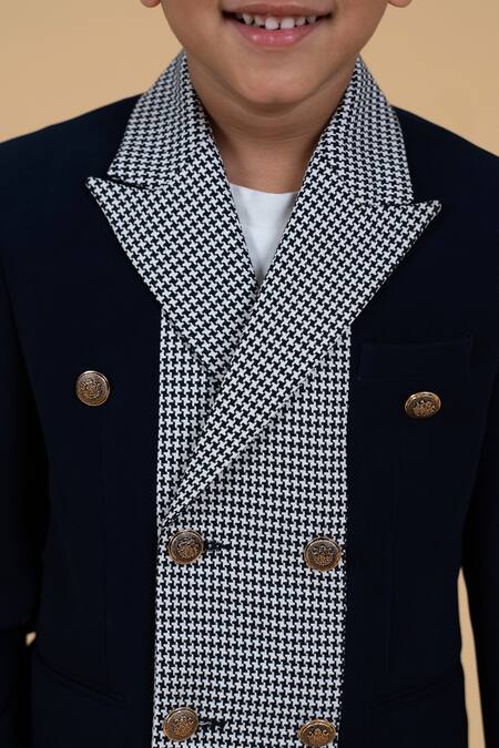 Shop_Little Boys Closet_Blue Polyester, Cotton Houndstooth Pattern Panelled Blazer Set _Online_at_Aza_Fashions