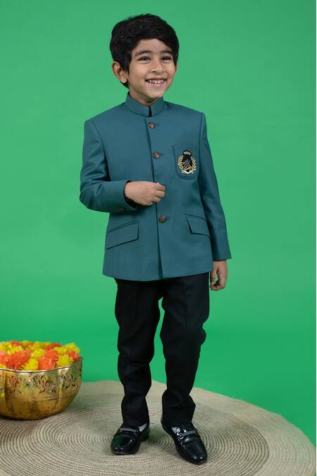 Shop Little Boys Closet Green Cotton, Polyester Embroidery Motif Bandhgala And Pant Set Online at Aza Fashions Shop_Little Boys Closet_Green Cotton, Polyester Embroidery Motif Bandhgala And Pant Set _Online_at_Aza_Fashions