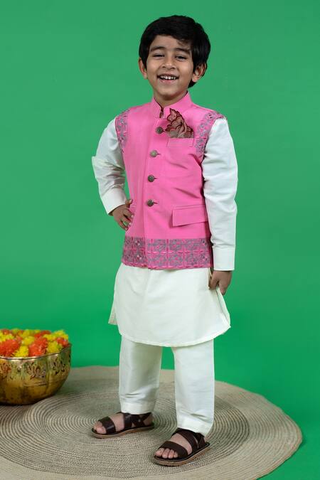 Little Boys Closet Pink Crepe, , Satin Embroidery Resham Bundi Kurta Set Online at Aza Fashions Little Boys Closet_Pink Crepe, , Satin Embroidery Resham Bundi Kurta Set _Online_at_Aza_Fashions