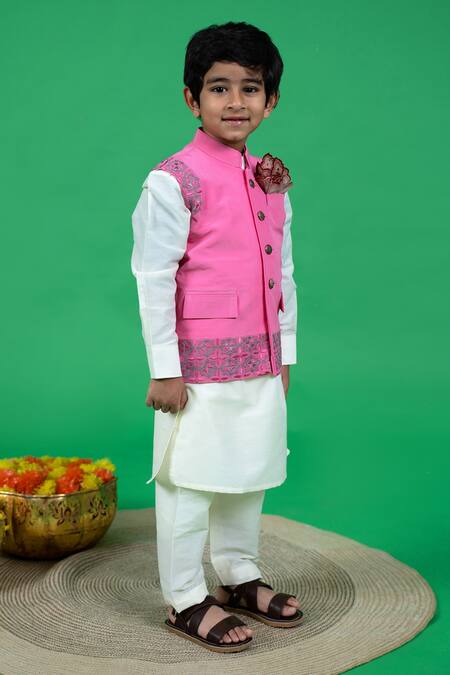 Buy Little Boys Closet Pink Crepe, , Satin Embroidery Resham Bundi Kurta Set Online at Aza Fashions Buy_Little Boys Closet_Pink Crepe, , Satin Embroidery Resham Bundi Kurta Set _Online_at_Aza_Fashions