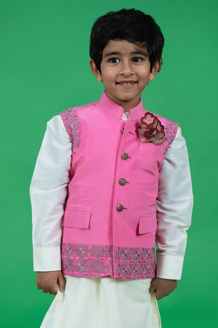 Shop Little Boys Closet Pink Crepe, , Satin Embroidery Resham Bundi Kurta Set Online at Aza Fashions Shop_Little Boys Closet_Pink Crepe, , Satin Embroidery Resham Bundi Kurta Set _Online_at_Aza_Fashions