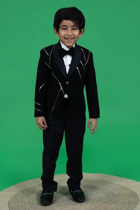 Buy_LITTLE BOYS CLOSET_White Sandwash Suiting Quilted And Embellished Checkered Pattern & Tuxedo Pant Set _Online_at_Aza_Fashions