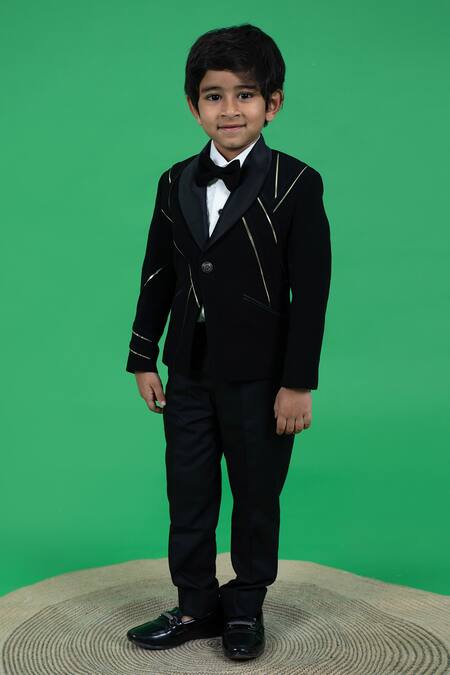 Shop_LITTLE BOYS CLOSET_White Sandwash Suiting Quilted And Embellished Checkered Pattern & Tuxedo Pant Set _Online_at_Aza_Fashions