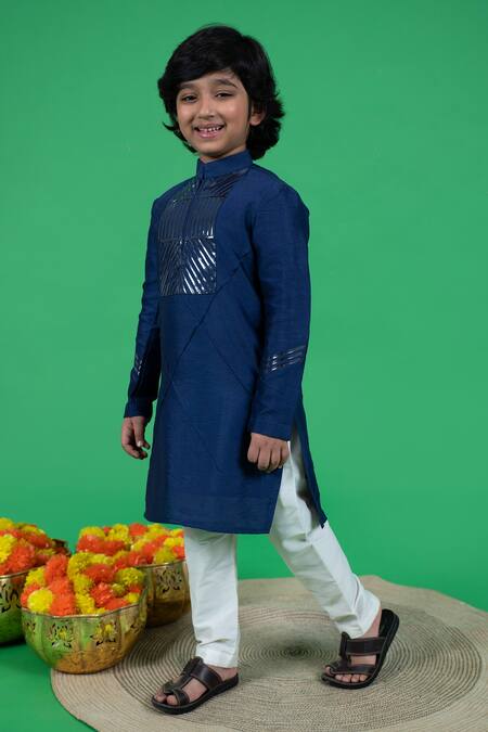 Little Boys Closet_Blue Cotton, Silk Embroidery Metallic Tape Kurta Set _Online_at_Aza_Fashions