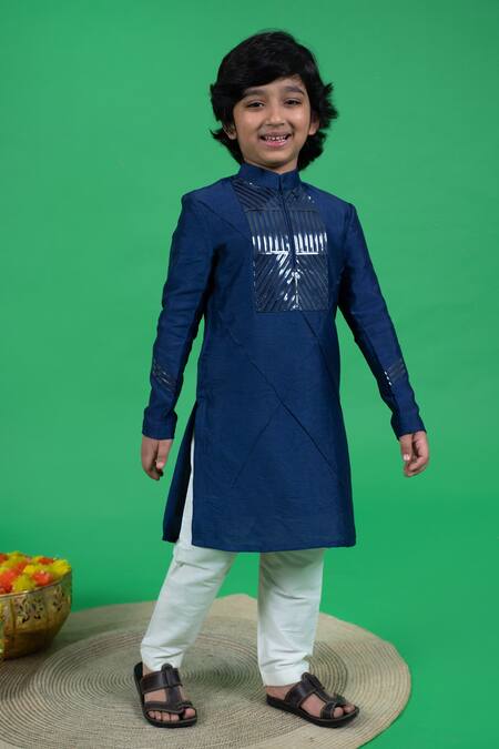 Buy_Little Boys Closet_Blue Cotton, Silk Embroidery Metallic Tape Kurta Set _Online_at_Aza_Fashions