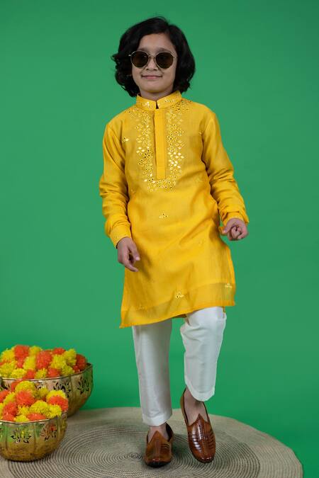 Little Boys Closet Yellow Cotton, Silk Mirrors Embroidered Kurta And Pyjama Set Online at Aza Fashions Little Boys Closet_Yellow Cotton, Silk Mirrors Embroidered Kurta And Pyjama Set _Online_at_Aza_Fashions