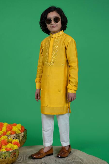 Buy Little Boys Closet Yellow Cotton, Silk Mirrors Embroidered Kurta And Pyjama Set Online at Aza Fashions Buy_Little Boys Closet_Yellow Cotton, Silk Mirrors Embroidered Kurta And Pyjama Set _Online_at_Aza_Fashions