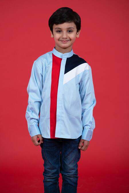 Little Boys Closet_Blue Cotton Color Block Shirt_Online_at_Aza_Fashions