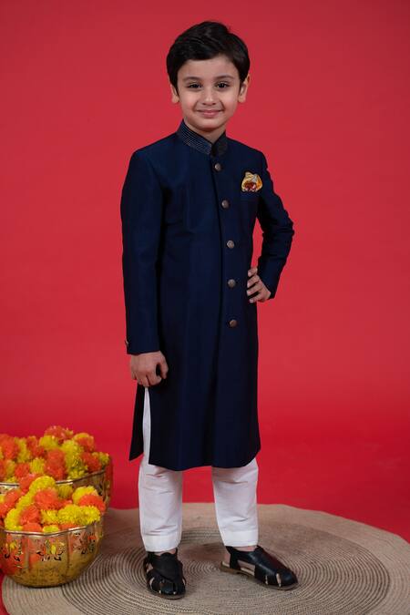 Shop Little Boys Closet Blue Cotton, Silk Embroidery Zardozi Collar Sherwani Set Online at Aza Fashions Shop_Little Boys Closet_Blue Cotton, Silk Embroidery Zardozi Collar Sherwani Set _Online_at_Aza_Fashions