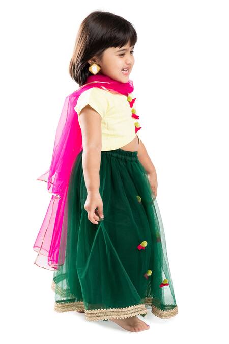 Byb Premium_Green Linen, Polyester, Cotton Pom-poms Embellished Lehenga Set _Online_at_Aza_Fashions