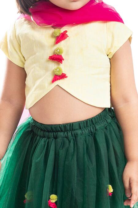 Byb Premium_Green Linen, Polyester, Cotton Pom-poms Embellished Lehenga Set _at_Aza_Fashions