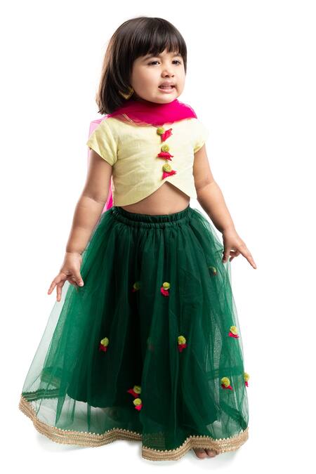 Buy_Byb Premium_Green Linen, Polyester, Cotton Pom-poms Embellished Lehenga Set _Online_at_Aza_Fashions