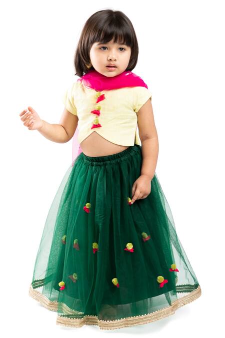 Shop_Byb Premium_Green Linen, Polyester, Cotton Pom-poms Embellished Lehenga Set _Online_at_Aza_Fashions