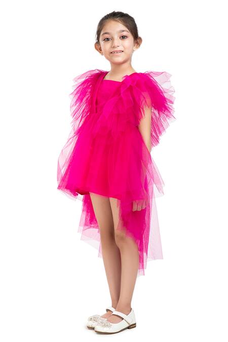 Byb Premium_Fuchsia Polyester Ruffles Asymmetric Hem Dress _at_Aza_Fashions