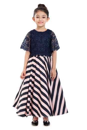 Buy_Byb Premium_Blue Cotton, Silk Embroidery Lace Detailing Top And Striped Pattern Skirt_Online_at_Aza_Fashions