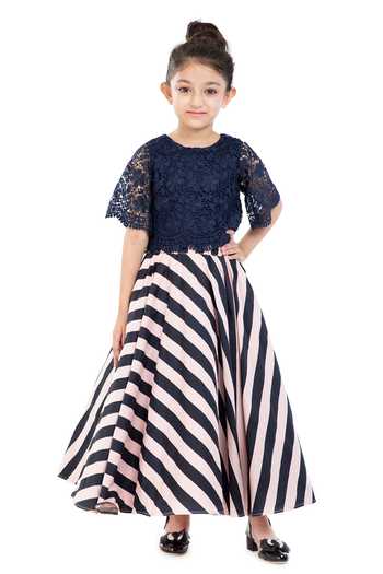 Shop_Byb Premium_Blue Cotton, Silk Embroidery Lace Detailing Top And Striped Pattern Skirt_Online_at_Aza_Fashions