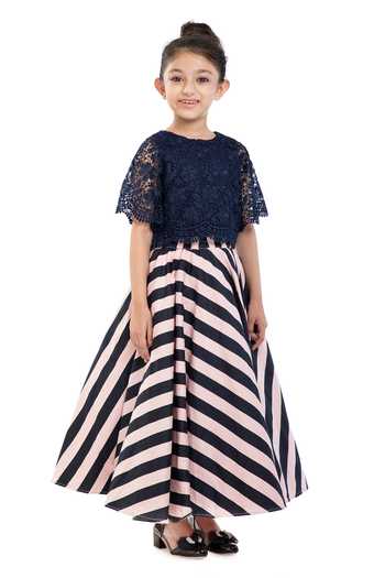 Byb Premium_Blue Cotton, Silk Embroidery Lace Detailing Top And Striped Pattern Skirt_at_Aza_Fashions