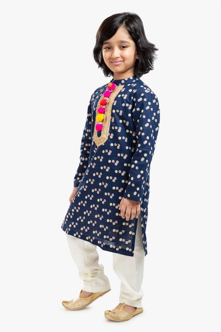 Buy_Byb Premium_Blue Cotton, Polyester Pom-poms, Beads Embellished Neckline Kurta Set _Online_at_Aza_Fashions