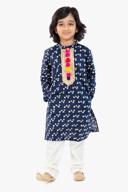 Shop_Byb Premium_Blue Cotton, Polyester Pom-poms, Beads Embellished Neckline Kurta Set _Online_at_Aza_Fashions