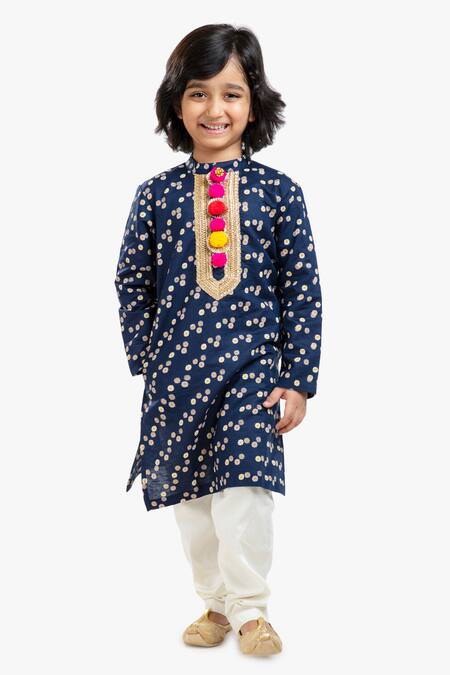 Byb Premium_Blue Cotton, Polyester Pom-poms, Beads Embellished Neckline Kurta Set _at_Aza_Fashions
