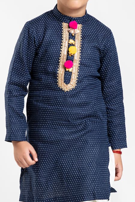 Byb Premium_Blue Cotton, Linen Pom-poms, Embroidery Embellished Kurta Set _Online_at_Aza_Fashions