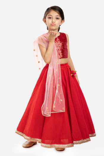 Byb Premium_Red Cotton, Chiffon Sequins, Embroidery Zari Border Embellished Lehenga Set _Online_at_Aza_Fashions