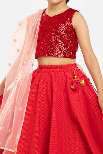 Buy_Byb Premium_Red Cotton, Chiffon Sequins, Embroidery Zari Border Embellished Lehenga Set _Online_at_Aza_Fashions