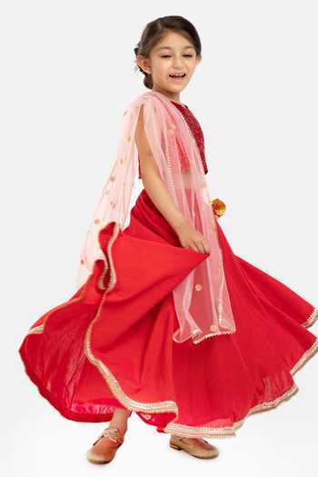 Shop_Byb Premium_Red Cotton, Chiffon Sequins, Embroidery Zari Border Embellished Lehenga Set _Online_at_Aza_Fashions